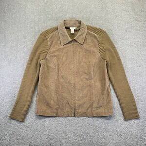 Vintage Coldwater Creek Leather Jacket Womens Large Tan Zip Up Wool Blend Sleeve